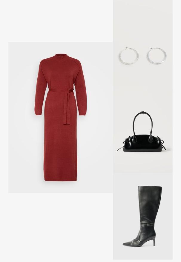 Robe en tricot rouge à manches longues avec un col haut et une taille ceinturée. Présente une coupe droite et des poignets côtelés, fabriquée en tissu doux.; Bottes noires en cuir montant jusqu'au genou, avec un talon fin, un bout pointu et des détails de lanière à la cheville. Texture lisse et design ajusté.; Petit sac à main noir brillant avec deux longues anses et des détails à cordon sur les côtés sur un fond clair uni.; Boucles d’oreilles créoles en métal argenté avec une surface lisse légèrement incurvée et des fermoirs à clapet sur un fond blanc uni.