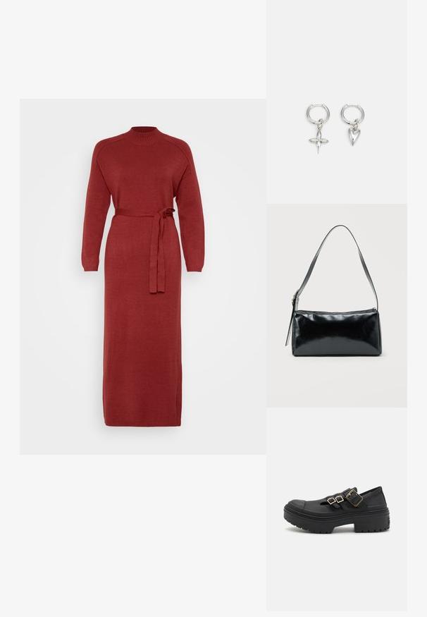 Robe en tricot rouge à manches longues avec un col haut et une taille ceinturée. Présente une coupe droite et des poignets côtelés, fabriquée en tissu doux.; Chaussures noires à enfiler avec une semelle épaisse, dotées de trois boucles dorées ajustables et d'un embout en caoutchouc. Texture lisse sur l'ensemble.; Sac d'épaule rectangulaire noir avec une sangle réglable unique et une fermeture éclair supérieure sur un fond uni.; Boucles d'oreilles en argent en forme de cerceau avec un charme croix et cœur. Texture lisse et brillante avec une finition polie. Chaque charmepend d'une boucle sécurisée.