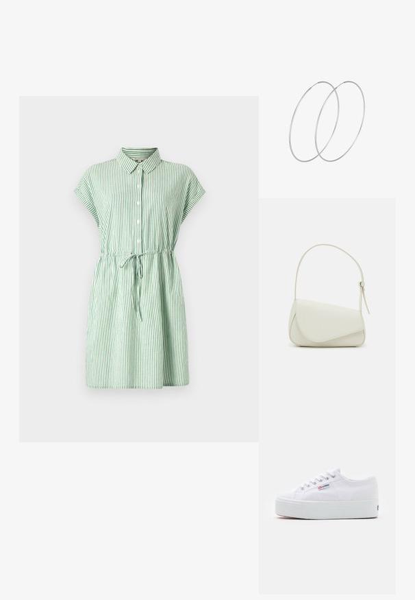 Vestido de botón a rayas verdes y blancas con cuello, mangas cortas, cintura con cordón y falda acampanada. Hecho de tela ligera.; Zapatilla de lona blanca con una gruesa suela de plataforma blanca, punta redonda y ojales de metal para los cordones. Logotipo de la marca mostrado en el lateral.; Bolso de mano de imitación cuero blanco con una forma triangular estructurada, correa ajustable única y cierre con solapa acentuada en curva.; Pendientes de aro plateados con un diseño minimalista. Forma circular, textura suave y perfil delgado. Livianos con un acabado pulido.
