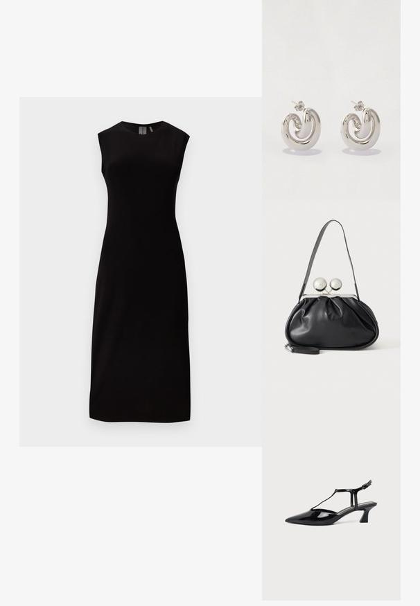 Vestido midi preto sem mangas com silhueta ajustada, decote redondo e barra reta contra um fundo cinza claro.; Sapato slingback de senhora em pele preta envernizada, salto baixo, bico fino e tira fina com fecho de pequena fivela.; Mala de mão em pele preta com design franzido, alça única, moldura metálica prateada e dois grandes fechos redondos prateados.; Brincos de metal prateado com um design em espiral, apresentando superfícies lisas e um acabamento polido, segurados com um fecho borboleta.