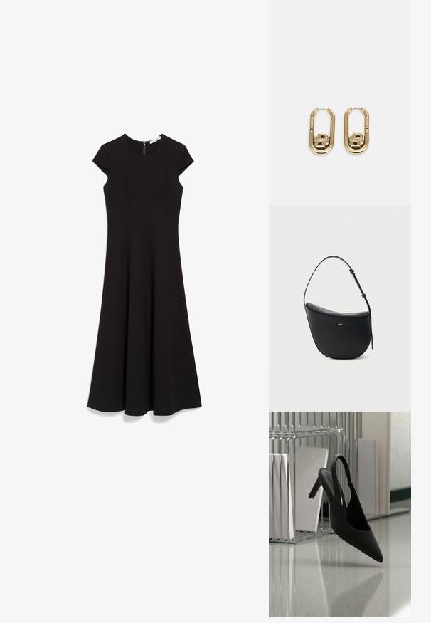 Schwarzes, knielanges Kleid mit kurzen Kap-S ä rmel, rundem Ausschnitt und tailliertem Oberteil, das zum Saum hin ausgestellt ist. Reißverschluss auf der Rückseite.; Schwarzer, spitz zulaufender Slingback-Pumps mit hohem Absatz, schwebt in der Luft über einem glänzenden Boden, im Hintergrund gestapelte Ordner.; Schwarze halbmondförmige Lederschultertasche mit verstellbarem Schulterriemen und goldenem "BOSS"-Logo mittig vorne.; BOSS DOUBLE B SWING - Ohrringe - gold-coloured