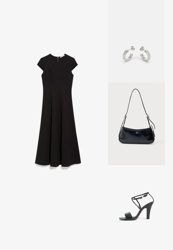 Schwarzes, knielanges Kleid mit kurzen Kap-S ä rmel, rundem Ausschnitt und tailliertem Oberteil, das zum Saum hin ausgestellt ist. Reißverschluss auf der Rückseite.; Schwarze Sandale mit hohem Absatz, dünnem Knöchelriemen, goldener Schnalle, offenem Zehenbereich und Blockabsatz, seitlich auf weißem Hintergrund dargestellt.; Schwarze Lederhandtasche mit einer schlanken, geschwungenen Form und glänzender Oberfläche. Mit silberfarbener Hardware und einem kleinen Logodetail auf der Vorderseite.; Silberne Metall-Hoops mit strukturiertem Design, ausgestattet mit einem kleinen Steckverschluss und Branding an einem Hoop. Abgerundete Form mit glänzender Oberfläche.