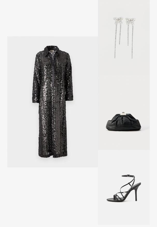 Robe longue noire ornée de sequins avec un col et une fermeture à boutons sur le devant, dotée de manches longues et d'une finition en satin lisse.; Sandale noire à talons hauts avec des brides fines, une boucle à la cheville, une surface en cuir lisse et un talon aiguille élancé.; Pochette en cuir noir avec une texture plissée, fermeture à fermoir métallique, et logo embossé discret sur le devant. Forme arrondie.; Longs boucles d'oreilles en argent avec un groupe de strass au sommet et des rangées de petites strass suspendues en dessous.