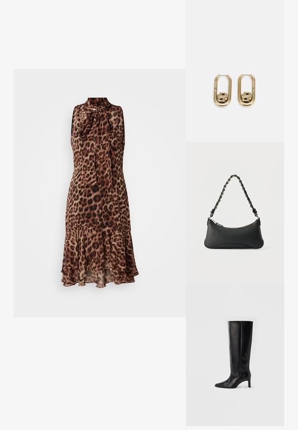 Kleid mit Leopardenmuster, hohem Kragen, Schleifendetail, ärmellosem Design und Rüschensaum. Hergestellt aus leichtem, fließendem Stoff.; Schwarze kniehohe Stiefel aus glattem Leder, mit spitzer Zehenpartie und schlankem Absatz, ausgestattet mit einem anliegenden Schaft und minimalistischem Design.; Schwarze Lederschultertasche mit gewölbter rechteckiger Form, goldener Kette, die in den geflochtenen schwarzen Riemen eingewebt ist, und Reißverschlussverschluss oben.; BOSS DOUBLE B SWING - Ohrringe - gold-coloured