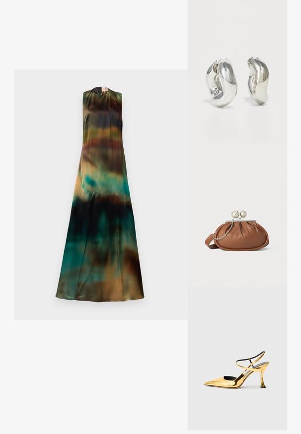 Robe sans manches en tissu fluide et léger. Présente un dégradé de tons terreux, passant du vert profond au marron et au bleu canard.; Chaussure à talon aiguille dorée en métal, avec un bout pointu, un côté ouvert, des brides croisées à la cheville et un talon de forme unique.; Pochette en cuir marron avec un fermoir à boule en argent et un petit détail en chaîne argentée sur fond blanc.; Boucles d'oreilles sculpturales en argent avec des formes douces et courbes et des surfaces réfléchissantes. Présentent un design de boucle fermée et une forme organique distincte.