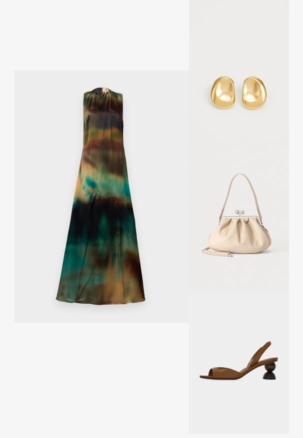 Ærmeløs kjole i let og flydende stof. Har en gradient af jordfarver, der går fra dyb grøn til brun og teal.; Brun åben tå slingback-sandal med en karakteristisk rund, todelt træhæl på en ensartet lys baggrund.; Beige blød læderhåndtaske med en sølv metalramme-lukning, enkelt skulderstrop og en valgfri kæderem på en hvid baggrund.; Guldfarvede stud øreringe med en glat, rund form og en reflekterende overflade, der fremhæver et minimalistisk design uden synlige mønstre.