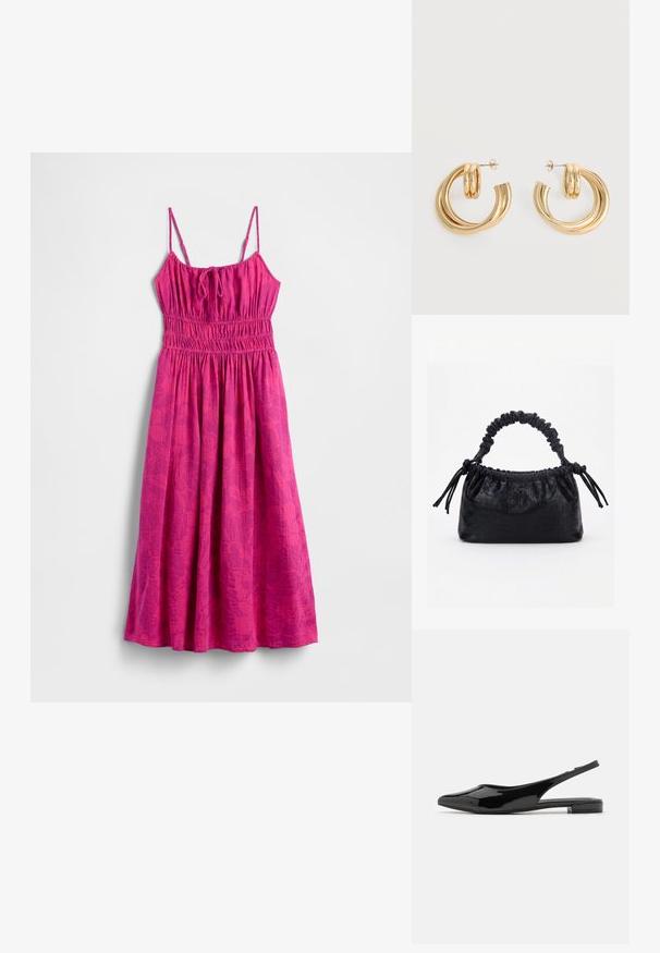 Roze strandjurk met spaghettibandjes, een geplooid lijfje en een zwierige rok. Heeft een subtiel bladpatroon voor extra textuur.; Zwarte gepatineerde leren slingback schoenen met een puntige neus en een lage blokhak. Gladde textuur, minimalistisch ontwerp, open achterkant en slanke silhoutte.; Zwarte handtas met krokodillenstructuur, geplooide bovenrand, samengevoerde handgreep en koordtassels aan elke kant tegen een witte achtergrond.; Set glanzende gouden dubbele lus oorbellen met stekertjes op een witte achtergrond.