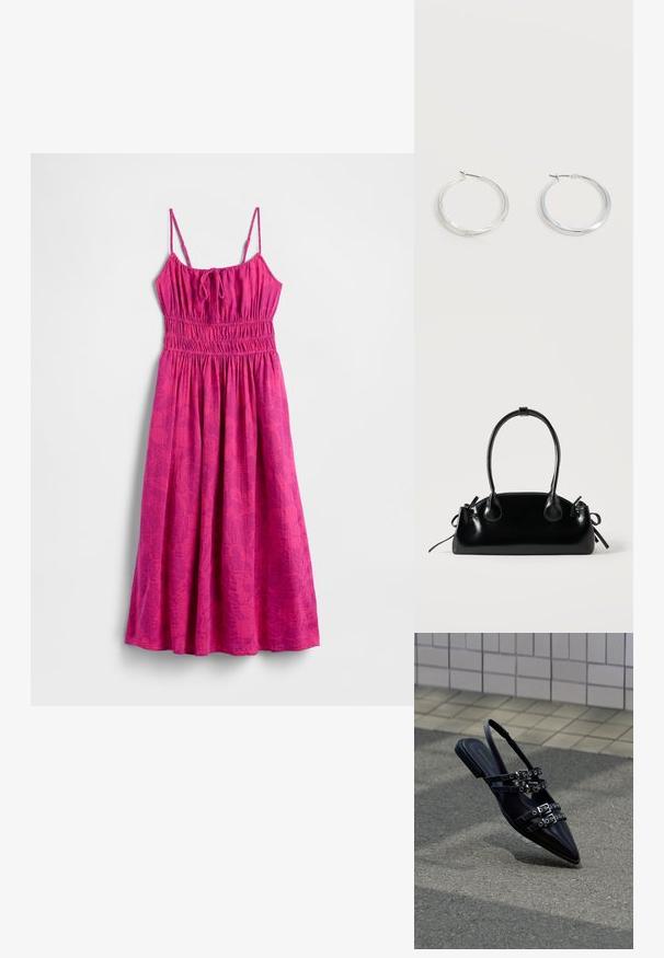 Roze strandjurk met spaghettibandjes, een geplooid lijfje en een zwierige rok. Heeft een subtiel bladpatroon voor extra textuur.; Zwarte sandaal met platte zool en spitse neus, voorzien van meerdere gespsluitingen en een slingback, geplaatst boven een verhard oppervlak en een tegelmuur op de achtergrond.; Kleine zwarte glanzende handtas met twee lange hengsels en zijkant trekkoord details op een effen lichte achtergrond.; Zilverkleurige metalen creolen oorbellen met een glad, licht gebogen oppervlak en sluitingen met haaksluiting op een effen witte achtergrond.