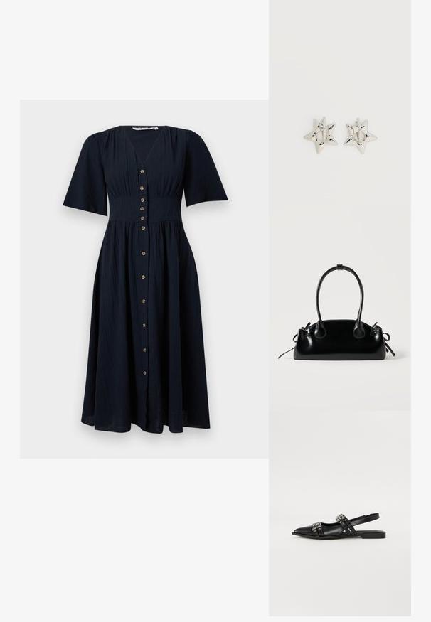 Robe midi noire avec manches courtes évasées, taille cintrée, décolleté en V et fermeture boutonnée à l'avant avec de petits boutons ronds.; Even&Odd by Zalando Ballerines à brides arrière - black; Petit sac à main noir brillant avec deux longues anses et des détails à cordon sur les côtés sur un fond clair uni.; Boucles d’oreilles créoles en forme d’étoile argentée avec une finition lisse et polie sur un fond blanc uni.