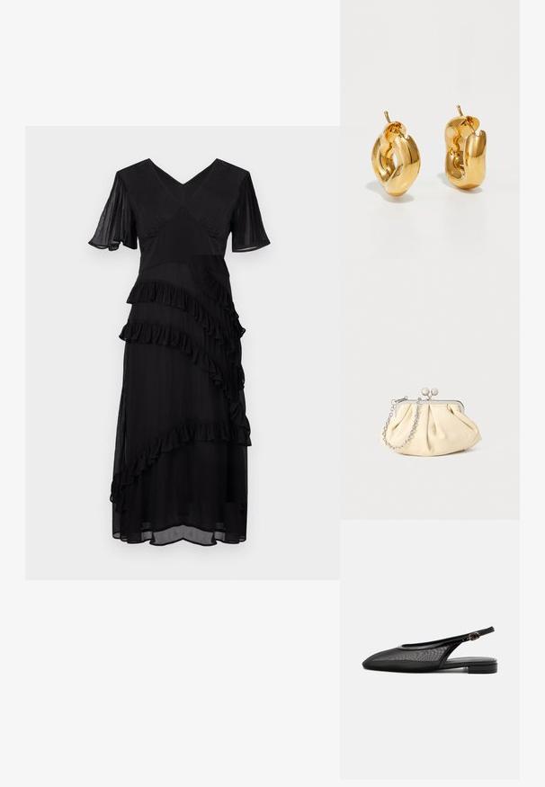 Schwarzes Midikleid mit V-Ausschnitt, kurzen schwingenden Ärmeln und diagonal geschichtetem Rüschendetail an Vorder- und Rockteil.; Schwarzer Slingback-Flachschuh mit spitzer Kappe, Mesh-Obermaterial, verstellbarem Schnallenriemen und niedrigem Blockabsatz auf weißem Hintergrund.; Faltige beigefarbene Ledertasche mit einem silbernen Metallrahmen, ausgestattet mit zwei runden dekorativen Verschlüssen und einem silbernen Kettenriemen.; Fette goldene Creolen mit einem leicht verdrehten, röhrenförmigen Design und Steckverschlüssen auf einem weißen Hintergrund.