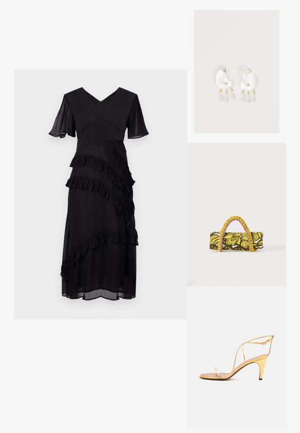 Robe midi noire avec décolleté en V, manches courtes volantées et détails de volants superposés en diagonale sur le devant et la jupe.; Sandale à talons hauts dorée avec fines lanières et une fine boucle à la cheville sur un fond gris clair.; Sac rectangulaire avec motif floral jaune et noir et anse tressée jaune et rose sur fond blanc.; Boucles d'oreilles en résine transparente en forme de coquillage avec de petits accents dorés et trois breloques translucides en forme de goutte pendantes sur chaque boucle d'oreille.