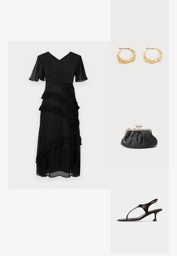 Zwart midi-jurk met V-hals, korte fluttermouwen en diagonale gelaagde rimpeldetails aan de voorkant en rok.; Donkerbruine lakleren slingbacksandaal met kittenheel en teenbandje op witte achtergrond.; Zwarte leren clutch met geplooide textuur, zilverkleurig metalen frame, drukknopsluiting en kettingriem. Glad, zacht oppervlak.; Set gouden creolen met sierlijke bloem- en bladreliëf op een neutrale achtergrond.