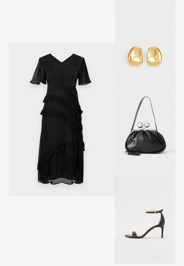 Schwarzes Midikleid mit V-Ausschnitt, kurzen schwingenden Ärmeln und diagonal geschichtetem Rüschendetail an Vorder- und Rockteil.; Schwarze Leder-high-heeled Sandale mit Knöchelriemen. Verfügt über eine glatte Textur, offene Zehen und einen dünnen Absatz. Goldfarbener Schnallenakzent.; Schwarze Ledertasche mit gerafftem Design, einem einzelnen Riemen, silbernem Metallrahmen und zwei großen runden silbernen Verschlüssen.; Goldfarbene Ohrstecker mit einer glatten, runden Form und einer reflektierenden Oberfläche, die ein minimalistisches Design ohne sichtbare Muster zeigen.