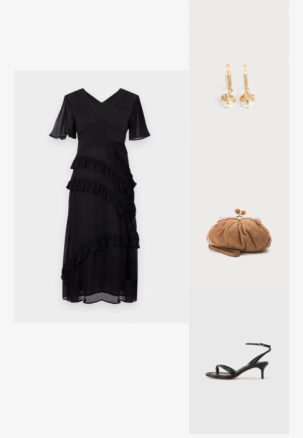 Vestido negro midi con escote en V, mangas cortas con volantes y detalles de volantes en capas diagonales en la parte delantera y la falda.; Sandalia negra de cuero para mujer con tiras finas, un lazo para el dedo del pie, hebilla en el tobillo y tacón de aguja de altura media sobre un fondo neutro.; Pequeño bolso de mano marrón suave de ante con tela fruncida, cierre metálico, detalles de cuentas de madera y correa para la muñeca sobre fondo blanco.; Pendientes de aro dorados con perlas blancas colgantes encerradas en oro y pequeños cristales transparentes sobre un fondo claro y liso.
