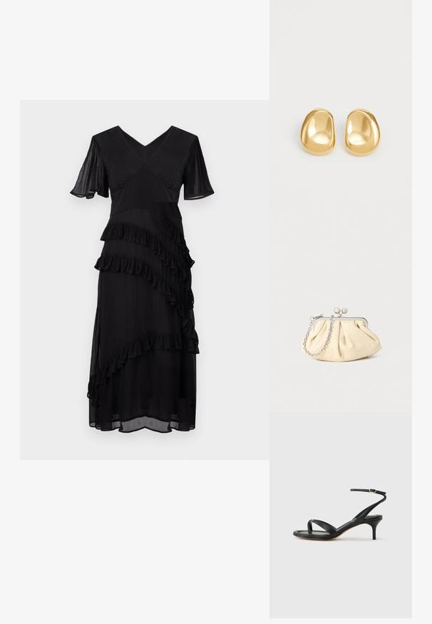 Schwarzes Midikleid mit V-Ausschnitt, kurzen schwingenden Ärmeln und diagonal geschichtetem Rüschendetail an Vorder- und Rockteil.; Schwarze Ledersandale für Damen mit dünnen Riemchen, einer Zehenlasche, einer Knöchelschnalle und einem mittelhohen Stöckelabsatz vor neutralem Hintergrund.; Faltige beigefarbene Ledertasche mit einem silbernen Metallrahmen, ausgestattet mit zwei runden dekorativen Verschlüssen und einem silbernen Kettenriemen.; Goldfarbene Ohrstecker mit einer glatten, runden Form und einer reflektierenden Oberfläche, die ein minimalistisches Design ohne sichtbare Muster zeigen.