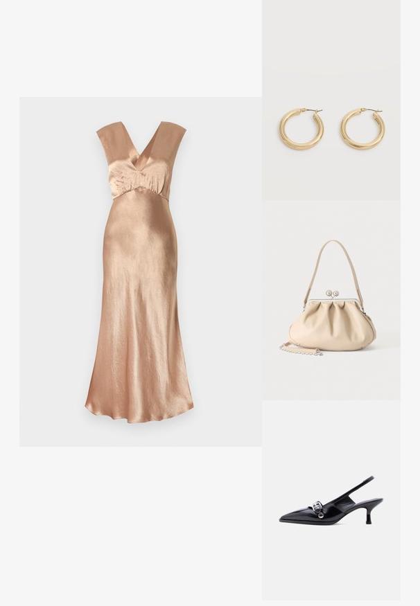 Lang rozen-gouden jurk gemaakt van glanzend materiaal, met een diepe V-hals, brede schouderbanden en een vloeiende silhoe vriendelijk. Gladde textuur.; Zwarte slingback kitten heel schoen van lakleer met puntige neus en zilveren gespsluiting op een effen witte achtergrond.; Beige zachte leren handtas met een zilveren metalen frame sluiting, een enkele schouderriem en een optionele kettingriem op een witte achtergrond.; Een paar glanzende gouden dikke creolen met metalen pinnen op een lichtgrijze achtergrond.