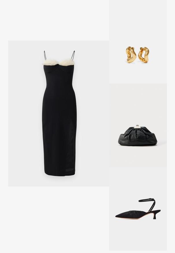 Sort bodycon kjole med spaghetti stropper, der har et lag af hvid faux pels ved halsudskæringen og en sideslids. Glat, strækbart stof.; Sort spids tå sko med lav hæl, rynket overdel og tynd ankelrem med spænde, vist i sideprofil på hvid baggrund.; Sort læderclutch med en samlet tekstur, metal lukning og diskret præget logo på forsiden. Rundet form.; Guldtonede hoops øreringe med et bølget design, der har en glat, blank overflade og en strømlinet form. Ingen synlige spænder.