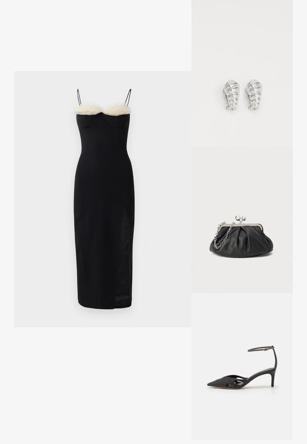 Sort bodycon kjole med spaghetti stropper, der har et lag af hvid faux pels ved halsudskæringen og en sideslids. Glat, strækbart stof.; Sort læder højhælet sko med spids tå, åbne sider og en tynd ankelrem med en lille guld detalje.; Sort læder clutch med samlet tekstur, sølvfarvet metalramme, kys-lås lukning og kædestrop. Glat, blød overflade.; Sølv clip-on øreringe med spiralmønster, der har en glat metallisk tekstur og runde former. Ingen synlige udsmykninger eller mønstre.