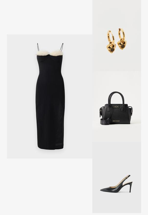 Sort bodycon kjole med spaghetti stropper, der har et lag af hvid faux pels ved halsudskæringen og en sideslids. Glat, strækbart stof.; Sorte læder slingback højhælede sko med spids tå, justerbar rem og en slank stiletto hæl, der har en glat finish.; Sort Armani Exchange håndtaske med dobbelte håndtag, gyldent mærkelogo foran og en bred sort justerbar skulderrem med Armani-tekst.; Guld øreringe med hjerteformede vedhæng. Hvert hjerte har en tekstureret overflade og en central sort ædelsten i en fæstning med klør.