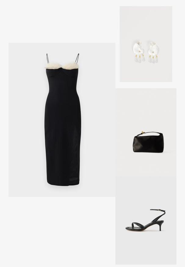 Sort bodycon kjole med spaghetti stropper, der har et lag af hvid faux pels ved halsudskæringen og en sideslids. Glat, strækbart stof.; Sort damesandal i læder med tynde remme, en tå-loop, ankelspænde og en mellemhøj stiletthæl på en neutral baggrund.; Sort satinpung med en afrundet form, et håndtag i toppen og en guldaccentlås. Glat tekstur med et minimalistisk design.; Gennemsigtige øreringe i skalform af harpiks med små gyldne accenter og tre hængende gennemsigtige dråbeformede charms på hver ørering.