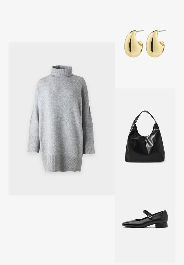 Grauer Rollkragenpullover aus strukturiertem Strickstoff, mit Dreiviertelärmeln und gerippten Bündchen, locker geschnitten und mit seitlichen Schlitzen.; Schwarze Leder-Mary-Jane-Schuhe mit einer patentierten Zehenkappe, verstellbarem Knöchelriemen und niedrigem Blockabsatz. Glatte Textur und elegantes Design.; Schwarze Leder-Hobo-Tasche mit einer weichen, glänzenden Textur und einem runden, offenen Oberteil. Verfügt über einen breiten, gebogenen Tragegurt. Keine sichtbaren Beschläge.; Goldfarbene Steckerohrringe mit einer glatten, glänzenden Oberfläche, die eine abstrahierte, tropfenförmige Form aufweisen. Einfache Metallstiftbefestigung.