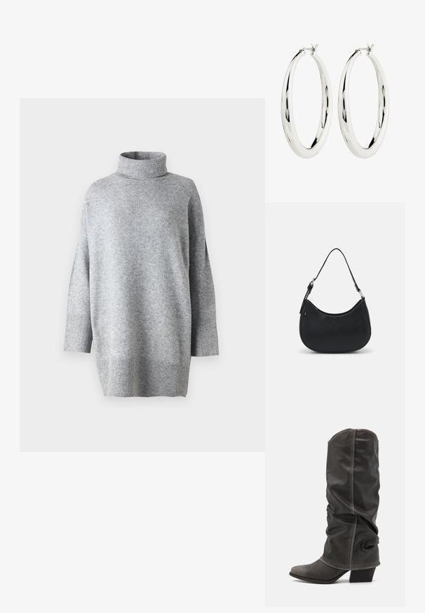 Grauer Rollkragenpullover aus strukturiertem Strickstoff, mit Dreiviertelärmeln und gerippten Bündchen, locker geschnitten und mit seitlichen Schlitzen.; Graue Lederstiefel bis zur Wade mit einem lässigen Design, spitzer Zehenform und gestapelt Hohem Absatz. Auffällige Nähte im Bereich der Zehen.; Schwarze Hobo-Tasche aus glattem Leder mit einer geschwungenen Silhouette, ausgestattet mit einem einzelnen verstellbaren Trageriemen und minimalistischem Design.; Silberne Creolen mit einer glatten, reflektierenden Oberfläche. Runde, große Form mit einem sicheren Verschluss an der Oberseite. Polierte Oberfläche betont den Glanz.