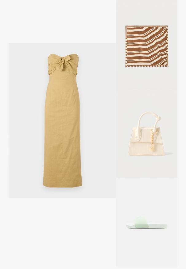 Vestido largo sin tirantes en lino de color marrón claro con un detalle de lazo anudado en el busto y una silueta recta que fluye hasta el tobillo.; Sandalia blanca tipo chancla con una única tira translúcida en la parte superior, suela plana y diseño minimalista sobre un fondo liso.; Pañuelo cuadrado con rayas diagonales marrones y beige alternas, gruesas y delgadas, y un borde ajedrezado sobre un fondo blanco.; Bolso pequeño color crema con asa superior, detalle de nudo y colgante de cadena dorada sobre un fondo claro liso.