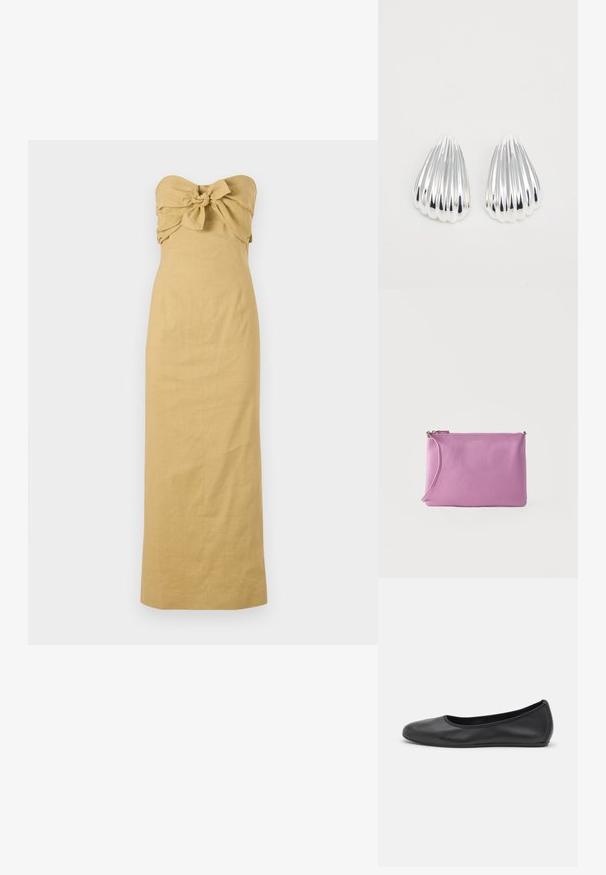 Vestido largo sin tirantes en lino de color marrón claro con un detalle de lazo anudado en el busto y una silueta recta que fluye hasta el tobillo.; Bailarina de piel negra con punta redondeada, textura suave, detalle de costura minimalista y diseño de suela flexible.; Billetera de mano de cuero granuloso color lavanda con cremallera dorada y tirador de cuero a juego sobre fondo blanco.; Un par de pendientes en forma de concha, de metal plateado brillante y estriado, sobre un fondo blanco liso, mostrando superficies reflectantes y suaves.