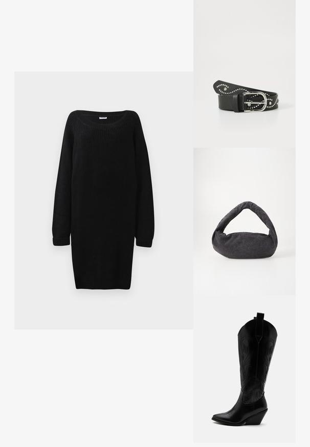 Zwarte gebreide sweaterjurk met een ruime halslijn, lange mouwen en geribde boorden. Heeft een losse pasvorm en een gestructureerde stof.; Zwarte leren cowboylaars met puntige neus, schuine blokhak, decoratieve stiksels en aantreklusjes bovenaan tegen een witte achtergrond.; Donkergrijze stoffen tas met een gebogen handvat, zachte textuur en ronde vorm. Geen zichtbare hardware of versieringen.; Zwarte faux leren riem met zilverkleurige studs in een golvend patroon, voorzien van een zilveren metalen gesp en een gestructureerde afwerking.