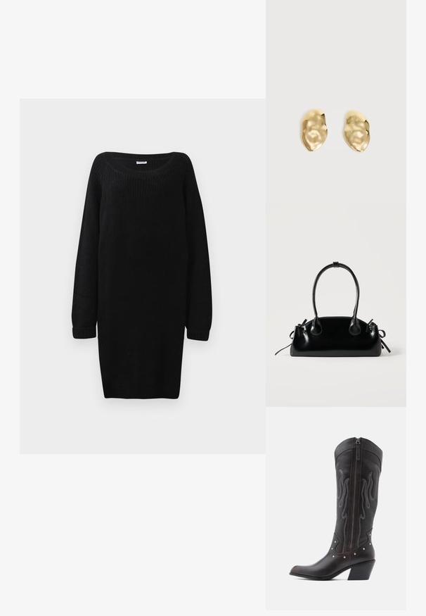 Musta neulotusta mekosta, jossa on leveä kaula-aukko, pitkät hihat ja ribbaatut hihat. Sissä on väljä istuvuus ja teksturoitu kangas.; Ruskeat nahkaiset cowboy-saappaat liekkikirjailulla, sivuvetoketjulla, hopeisilla niiteillä, teräväreunaisilla kärjillä ja kerrostetulla korolla.; Pieni musta kiiltävä käsilaukku, jossa on kaksi pitkää kantokahvaa ja sivulla nyöritys yksityiskohtia yksinkertaisella vaalealla taustalla.; Pari kiiltäviä, epäsäännöllisen muotoisia kultaisia metallikorvakoruja, joissa on ryppyinen, sileä pinta yksinkertaisella vaalealla taustalla.