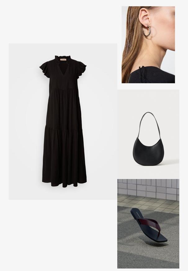Schwarzes Maxikleid mit V-Ausschnitt, rüschierten kurzen Ärmeln, gestuftem Rock und gerafftem Oberteil. Hergestellt aus leichtem, strukturiertem Stoff.; Ein einzelner schwarzer Flip-Flop mit einem dunkelroten Riemen, der über einer grauen Asphaltfläche schwebt, mit beigem gepflasterten Bürgersteig im Hintergrund.; Schwarze Leder-Schultertasche in halbmondförmigem Design mit einem einzelnen Trageriemen und dezent geprägtem Markennamen auf einfarbig hellem Hintergrund.; Silberne Creolen mit polierter Oberfläche, die kleine goldene Akzentdetails und eine runde Form aufweisen, am Ohrläppchen getragen.