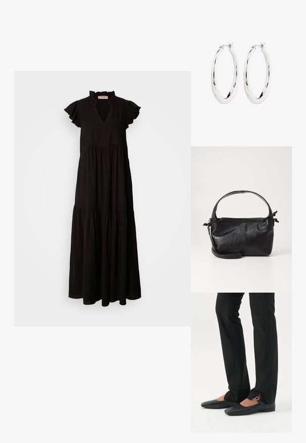 Schwarzes Maxikleid mit V-Ausschnitt, rüschierten kurzen Ärmeln, gestuftem Rock und gerafftem Oberteil. Hergestellt aus leichtem, strukturiertem Stoff.; Beine in schwarzen schmalen Hosen mit vorderen Schlitzen am Saum, kombiniert mit schwarzen flachen Mary-Jane-Schuhen mit kleinem Schnallenriemen.; Schwarze Lederhandtasche mit strukturiertem Design, rundem Haltegriff und abnehmbarem Schulterriemen. Sie weist eine glatte Oberfläche und einen subtilen Glanz auf.; Silberne Creolen mit einer glatten, glänzenden Oberfläche. Kreisform, ausgestattet mit einem sicheren Verschluss. Einfaches und elegantes Design.