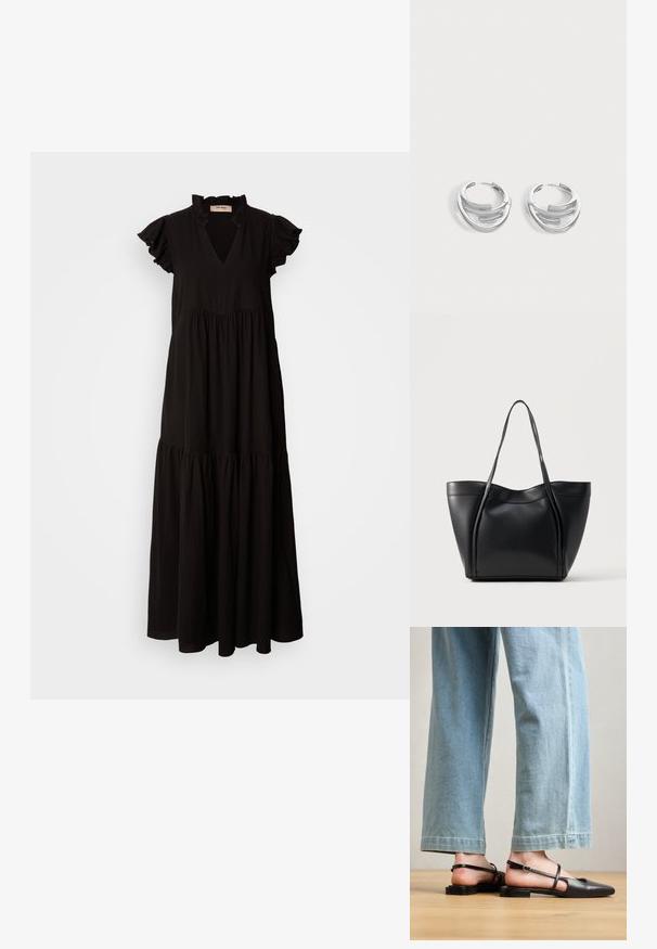 Vestido maxi negro con escote en V, mangas cortas con volantes, falda de capas y un cuerpo fruncido. Hecho de un tejido ligero y texturizado.; Zapatos slingback de cuero negro con punta afilada, tacón plano y tira en el tobillo; llevados con jeans de pierna ancha en azul claro.; Bolso tote de cuero negro con dos asas largas y un borde superior ligeramente curvado, mostrado sobre un fondo claro y liso.; Par de pendientes de aro plateados pulidos con diseño de barra curva en capas sobre un fondo claro y liso.