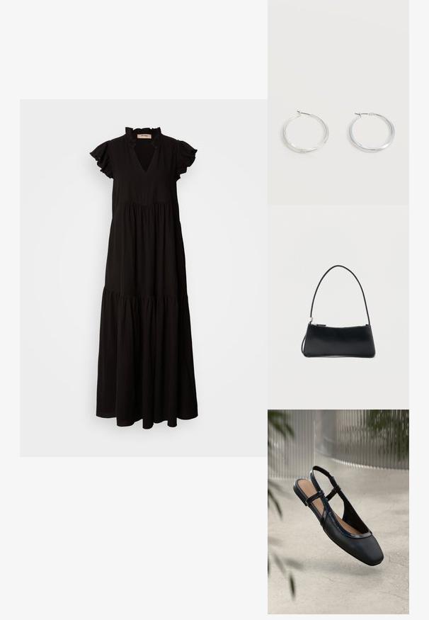 Schwarzes Maxikleid mit V-Ausschnitt, rüschierten kurzen Ärmeln, gestuftem Rock und gerafftem Oberteil. Hergestellt aus leichtem, strukturiertem Stoff.; Schwarze Leder Slingback Ballerina mit rechteckiger Zehenpartie, ausgestattet mit einem glänzenden lackierten Besatz und verstellbaren Riemen für einen sicheren Sitz.; Schwarze rechteckige Handtasche mit dünnem Riemen und Reißverschluss, vor einem schlichten weißen Hintergrund.; Silberne Metallcreolen mit glatter, leicht gebogener Oberfläche und Klappverschluss vor schlicht weißem Hintergrund.