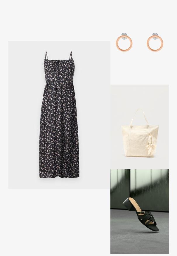 Blomstret maxi-kjole i sort stof med små lyserøde og hvide blomster, justerbare stropper, sammensynket bodice og svajende nederdel.; Sort hælsandal med krydsede stropper og gulddetalje ved spænde, vist mod en sløret mørkegrøn og grå baggrund.; Beige lærredstaske med to håndtag og en scrunchie med sløjfe fastgjort til det ene håndtag, sat mod en ensfarvet baggrund.; Rosaguldne runde stud øreringe med en børstet finish, der har gennemsigtige bagsider for sikker bæring. Enkel og minimalistisk design.
