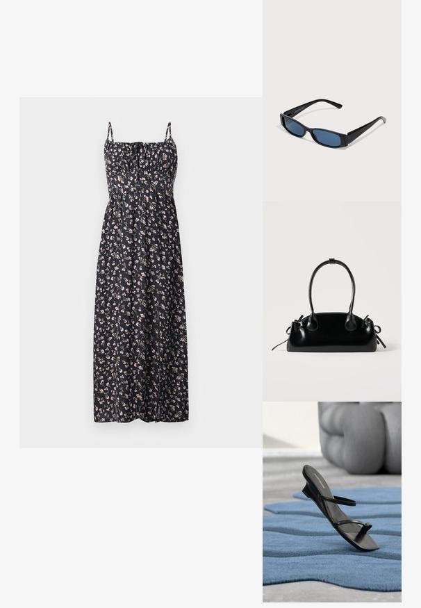 Blomstret maxi-kjole i sort stof med små lyserøde og hvide blomster, justerbare stropper, sammensynket bodice og svajende nederdel.; Sort sandal med remme og tå-loop vist på et blåt tekstureret tæppe, med en stor grå dekorativ genstand sløret i baggrunden.; Sorte solbriller med en slank rektangulær ramme og blå linser. Har en glat overflade og robuste stænger. Mærkets logo på siden.; Lille sort blank håndtaske med to lange håndtag og snøre-detaljer i siden på en ensfarvet lys baggrund.