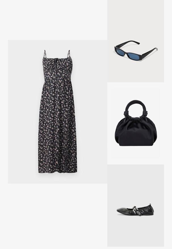 Blomstret maxi-kjole i sort stof med små lyserøde og hvide blomster, justerbare stropper, sammensynket bodice og svajende nederdel.; Sorte læder flade sko med spids tå, samling detaljer omkring åbningen, og en sølv spænde accent på den justerbare rem.; Sorte solbriller med en slank rektangulær ramme og blå linser. Har en glat overflade og robuste stænger. Mærkets logo på siden.; Sort blød stofhåndtaske med samlet top og cirkulære polstrede håndtag bundet med knuder på hver side.
