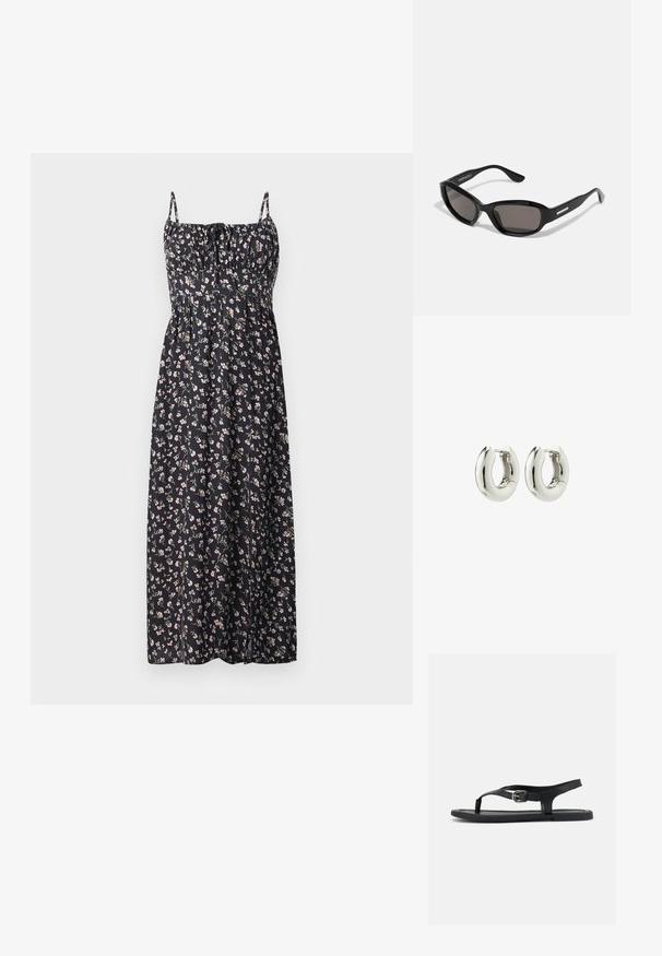 Blomstret maxi-kjole i sort stof med små lyserøde og hvide blomster, justerbare stropper, sammensynket bodice og svajende nederdel.; Sort flad sandal med ankelrem, tæsepind og sølvspænde på glat sål, vist fra siden på hvid baggrund.; Sorte solbriller med rektangulært stel, mørke linser, glat plastmateriale og en metalaccent på templet.; Sølvøreringe med en glat, afrundet design og en blank finish. Har en enkel hængselåbning for nem påføring.