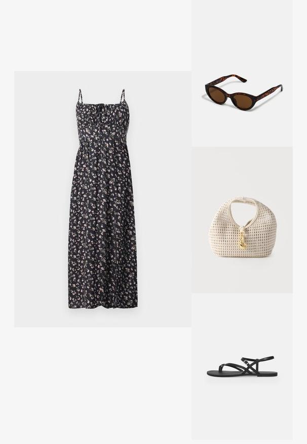 Blomstret maxi-kjole i sort stof med små lyserøde og hvide blomster, justerbare stropper, sammensynket bodice og svajende nederdel.; Sort flad sandal med tynde stropper, tåloop og justerbar spænnelukning ved anklen på en ensartet lysegrå baggrund.; Brune skildpadde solbriller med en vintage katteøje-form og brune linser. Har buede arme med røde detaljer.; Kremfarvet vævet håndtaske med rund form, kort håndtag og dekorativ guldfarvet lås hængende foran i midten.