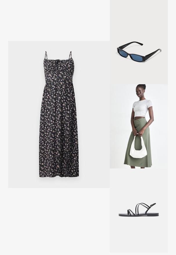 Blomstret maxi-kjole i sort stof med små lyserøde og hvide blomster, justerbare stropper, sammensynket bodice og svajende nederdel.; Sorte flade sandaler med flere tynde stropper, slankt design, åben tå og justerbar ankelspænde. Glat tekstur og minimalistic stil.; Sorte solbriller med en slank rektangulær ramme og blå linser. Har en glat overflade og robuste stænger. Mærkets logo på siden.; Grå ribbet crop top og olivengrøn højhøjdet nederdel. Modellen holder en hvid skuldertaske med udskæringsdetaljer. Enkel design, tætsiddende silhuet.