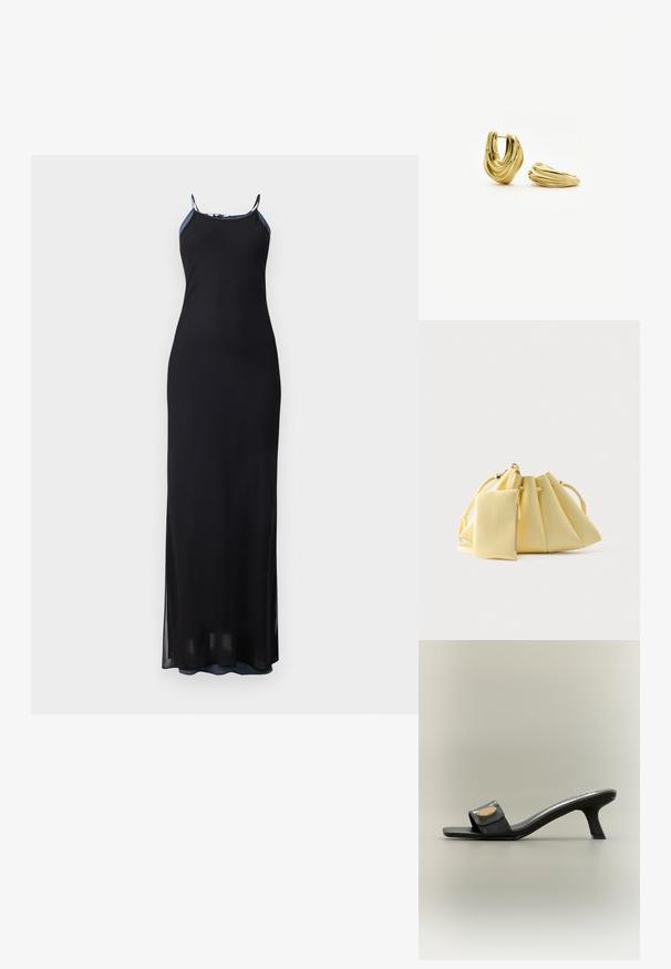 Robe maxi noire avec des bretelles fines, silhouette ajustée et fentes sur les côtés. Tissu doux et fluide avec une texture lisse. Encolure accentuée.; Mule sandale noire à bout ouvert avec talon incurvé de hauteur moyenne et ornement ovale doré sur la large bride avant, posée sur un fond neutre.; Sac à main jaune pâle avec cordon de serrage et une petite pochette zippée assortie attachée, posé sur un fond blanc uni.; Paire de boucles d’oreilles créoles dorées avec un design torsadé et sculpté, l’une debout et l’autre couchée à plat sur un fond blanc.