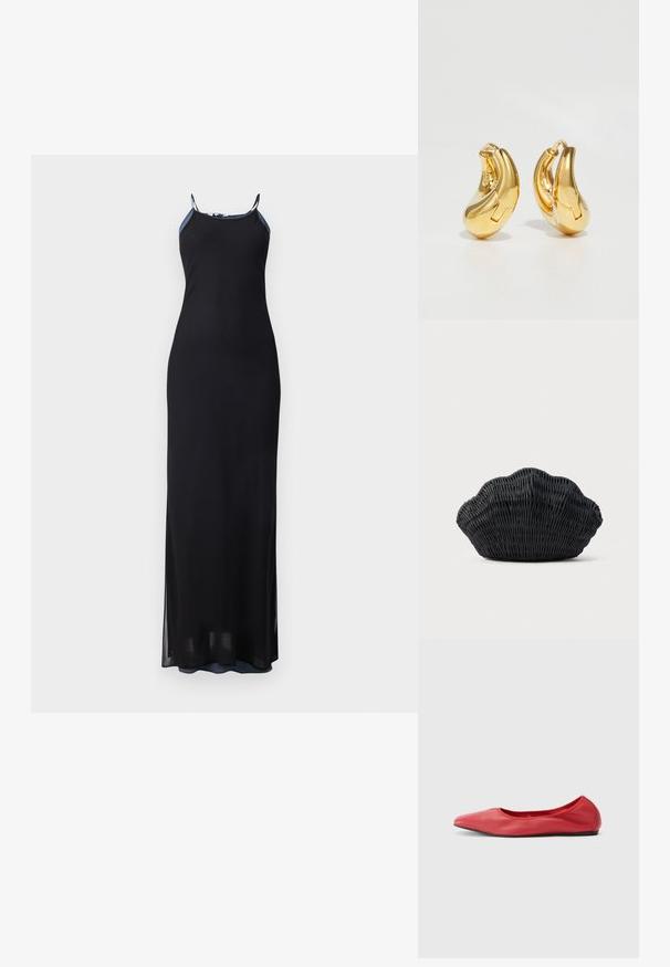 Musthave musträtik, millel on õhukesed rihmad, sobiv siluett ja külgvahed. Pehme, voolav kangas sileda tekstuuriga. Rikkalik kaelus.; Filippa K REY FLATS - Baleriinad - bright red; Mustast punutud käsitööna valmistatud käekott, mis on kujult fenkoli koore sarnane, ümaral küljel ja kootud tekstuuriga ning lihtsal taustal.; Kuldne rõngastüüpi kõrvarõngad sujuva, kõverdatud kujuga ja läikiva viimistlusega. Omavad sulgemismehhanismi ja väikeseid süvendusi detailideks.