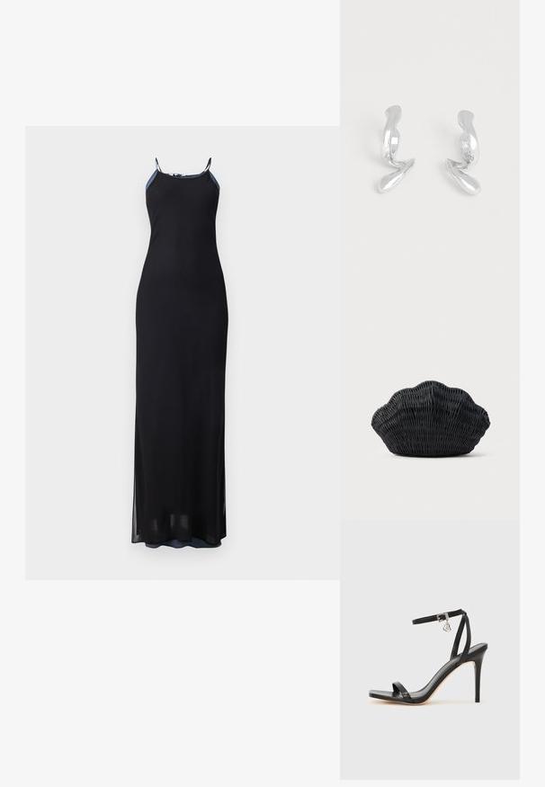Robe maxi noire avec des bretelles fines, silhouette ajustée et fentes sur les côtés. Tissu doux et fluide avec une texture lisse. Encolure accentuée.; Sandale à talon haut noire avec une bride étroite à la cheville, bout carré, cuir lisse et accent de boucle métallique.; Sac à main en osier noir en forme de coquille Saint-Jacques avec un dessus courbé et une texture tressée sur un fond uni.; Paire de boucles d'oreilles en métal argenté brillant de forme abstraite sur un fond blanc uni.