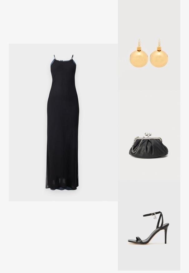 Zwarte maxi-jurk met dunne bandjes, getailleerd silhouet en zijsplitten. Zachte, vloeiende stof met een gladde textuur. Geaccentueerde halslijn.; Zwarte sandaal met hoge hak, smalle enkelband, vierkante neus, soepel leermateriaal en metalen gespsluiting.; Zwarte leren clutch met geplooide textuur, zilverkleurig metalen frame, drukknopsluiting en kettingriem. Glad, zacht oppervlak.; Een paar glanzende gouden kerstbal-oorbellen met haaksluitingen op een effen witte achtergrond.