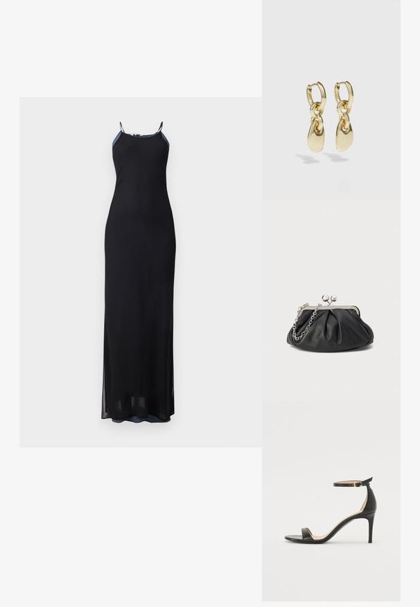 Zwarte maxi-jurk met dunne bandjes, getailleerd silhouet en zijsplitten. Zachte, vloeiende stof met een gladde textuur. Geaccentueerde halslijn.; Zwarte leren hoge hak sandaal met enkelbandje. Heeft een gladde textuur, open teen en een dunne hak. Gouden gesp detail.; Zwarte leren clutch met geplooide textuur, zilverkleurig metalen frame, drukknopsluiting en kettingriem. Glad, zacht oppervlak.; Gouden creolen met een verbonden ontwerp en een gladde, druppelvormige accent. De reflecterende afwerking vergroot de visuele aantrekkingskracht.