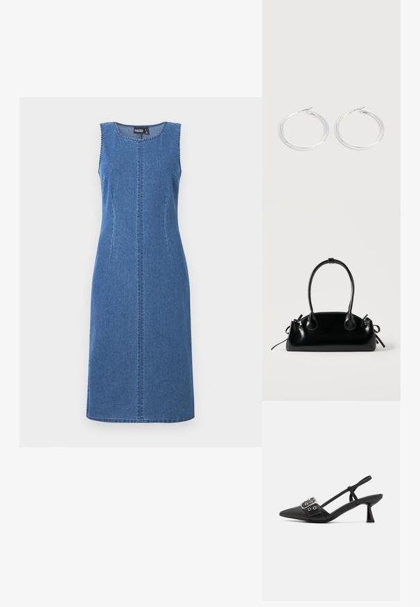 Denim bezrukávové šaty, tmavomodré, s okrúhlym výstrihom, s centrálnym švom a dvoma bočnými švami pre priliehavý strih.; Simmi London DALA - Klasické lodičky na opätku - black; Malá čierna lesklá kabelka s dvoma dlhými rúčkami a bočnými šnúrkovými detailmi na jednoduchom svetlom pozadí.; Pár lesklých strieborných kruhových náušníc s tenkými drôtenými zapínaniami, zobrazených na svetlo šedom pozadí.