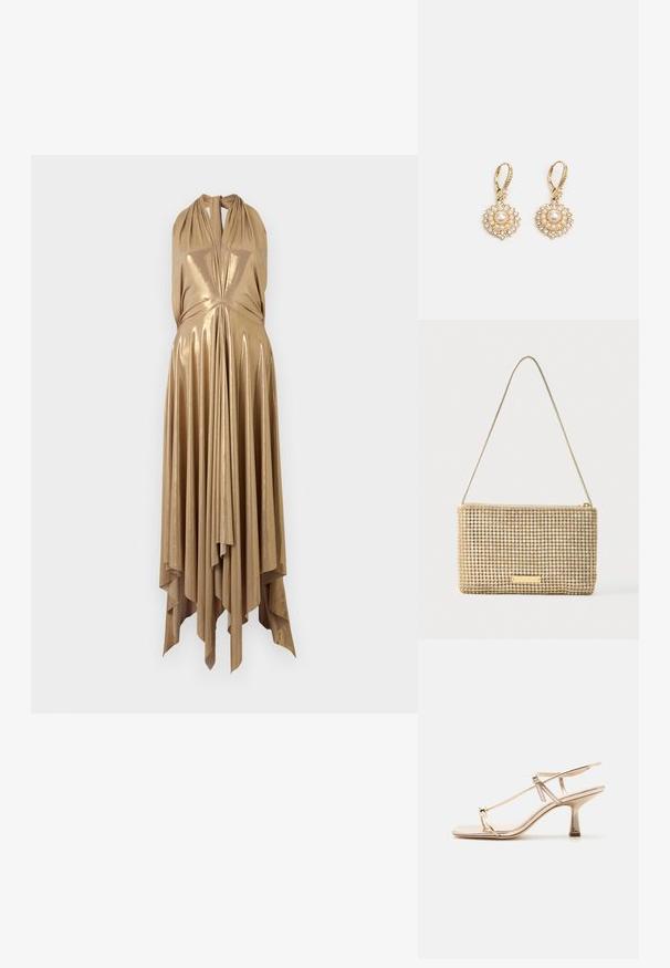 Vestido halter metálico en oro con escote en V profundo, cuerpo drapeado y dobladillo asimétrico acampanado que presenta pliegues verticales para mayor textura.; Sandalia dorada con tiras, tacón bajo de estilo kitten, correa ajustable en el tobillo y lazo en el dedo, sobre un fondo claro y sencillo.; Bolso clutch dorado de forma rectangular, cubierto de brillantes pedrería plateada. Cuenta con una delgada correa metálica para el hombro y cierre de cremallera.; Marchesa ROUND PEARL DROP - Pendientes - gold-coloured