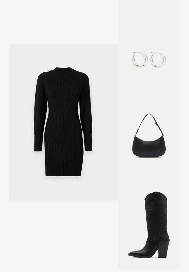 Schwarzes geripptes Strickkleid mit rundem Ausschnitt, langen Ärmeln und figurbetonter Form, das subtile vertikale Linien und schmal zulaufende Manschetten aufweist.; Simmi London DANIQUE - High Heel Stiefel - black; Pieces PCALUANA SHOULDER BAG - Handtasche - black; Silberne Creolen mit glänzender Oberfläche, die eine kreisrunde Form haben und mit einem schwenkbaren Verschluss ausgestattet sind. Glatte Textur mit minimalen Details.