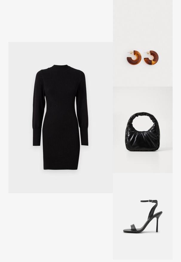 Schwarzes geripptes Strickkleid mit rundem Ausschnitt, langen Ärmeln und figurbetonter Form, das subtile vertikale Linien und schmal zulaufende Manschetten aufweist.; Schwarze High-Heels-Sandalen mit schlankem Knöchelriemen und zwei vorderen Riemen. Aus glattem Leder gefertigt, mit einer eleganten spitzen Zehenform und einem Stiletto-Absatz.; Schwarze gepolsterte Handtasche mit einem runden Griff, die eine glatte, glänzende Oberfläche und eine weiche, gestepfte Textur aufweist. Keine sichtbare Hardware oder Akzente.; Braune Acryl-Hoop-Ohrringe mit geschwungenem Design. In goldfarbener Ausführung. Glatte Oberfläche mit glänzendem Finish.