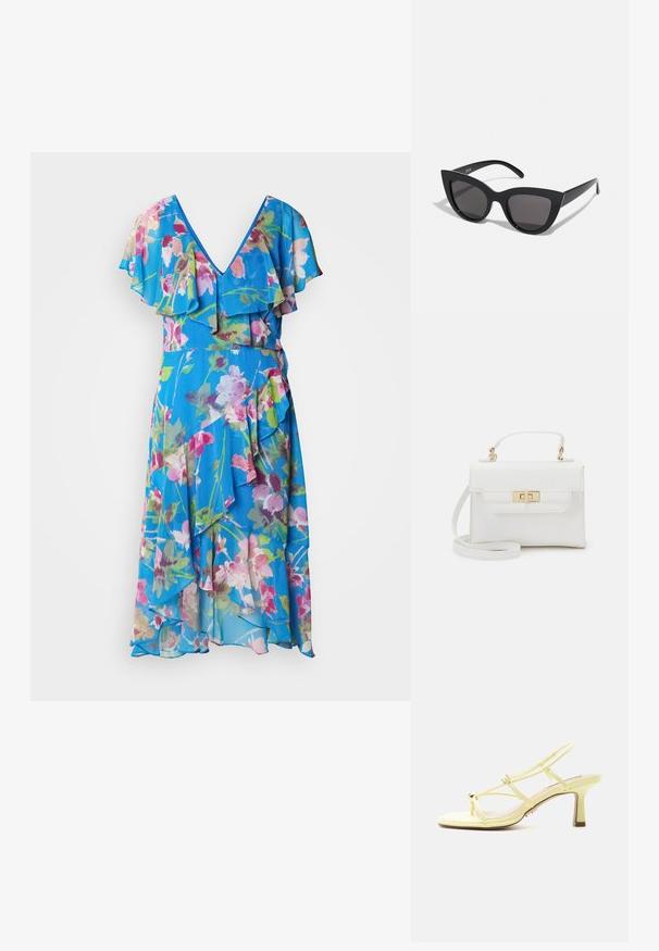 Robe à imprimé floral avec un décolleté en V, des manches volantées et une silhouette fluide. Fabriquée en tissu léger dans des tons de bleu, rose et vert.; Sandale jaune à brides avec une boucle ajustable et un talon fin de hauteur moyenne sur fond blanc.; Lunettes de soleil noires en forme d'œil de chat avec une finition mate, dotées de verres teintés gris, d'angles aigus et de branches élégantes. Nom de la marque visible sur la branche intérieure.; Call it Spring BULLETPROOFF - Sac à main - white synthetic smooth